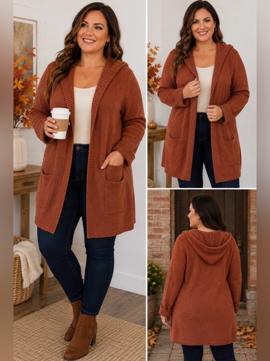 Tahari Sweaters - 203 Tahari 1X Open Front Hooded Cardigan Sweater Rust Brown Cotton Blend Pockets